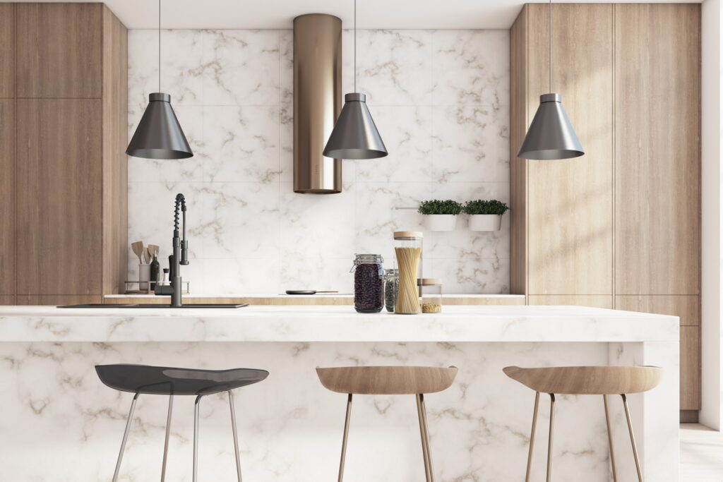 Modernes Kücheninterieur mit Insel und Marmor. 3D-Rendering